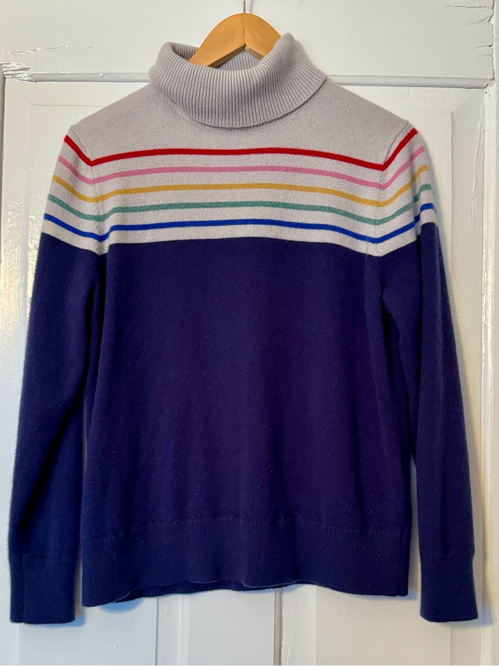 Lands' End Cashmere Navy and Light Gray Turtleneck with Rainbow Stripe Yoke